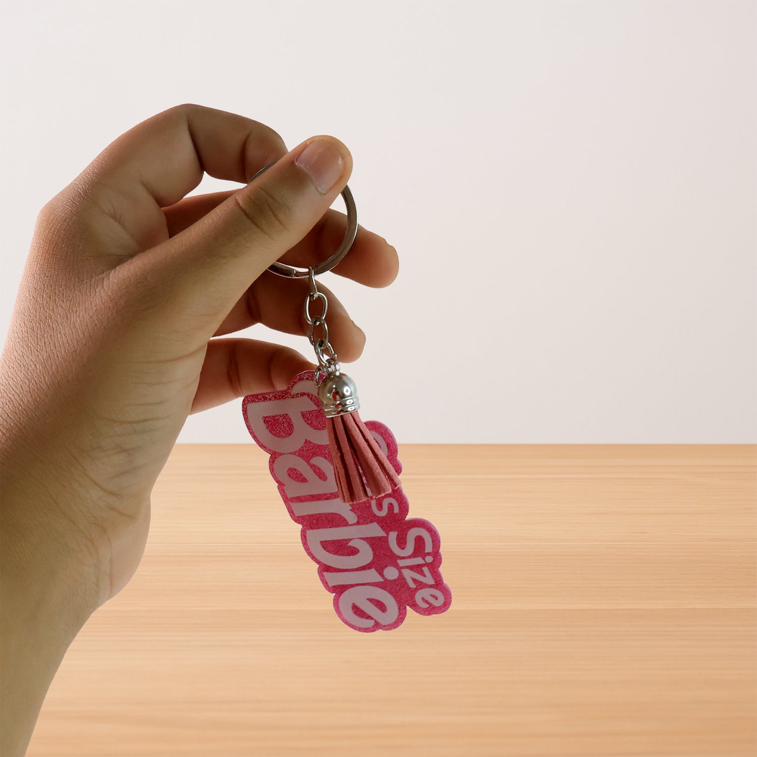 Wukusy home decor text keychain with glitter finish and tassel charm, featuring a stylish accessory for decorative or personal use.