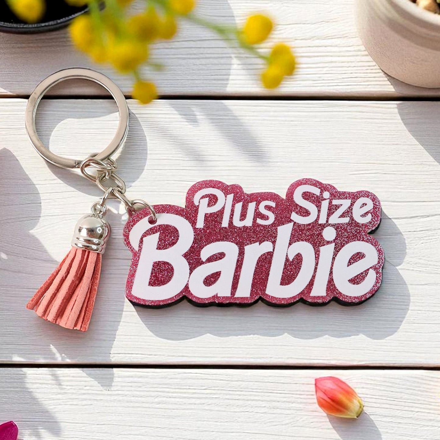 Wukusy home decor text keychain with glitter finish and tassel charm, featuring a stylish and decorative accessory.