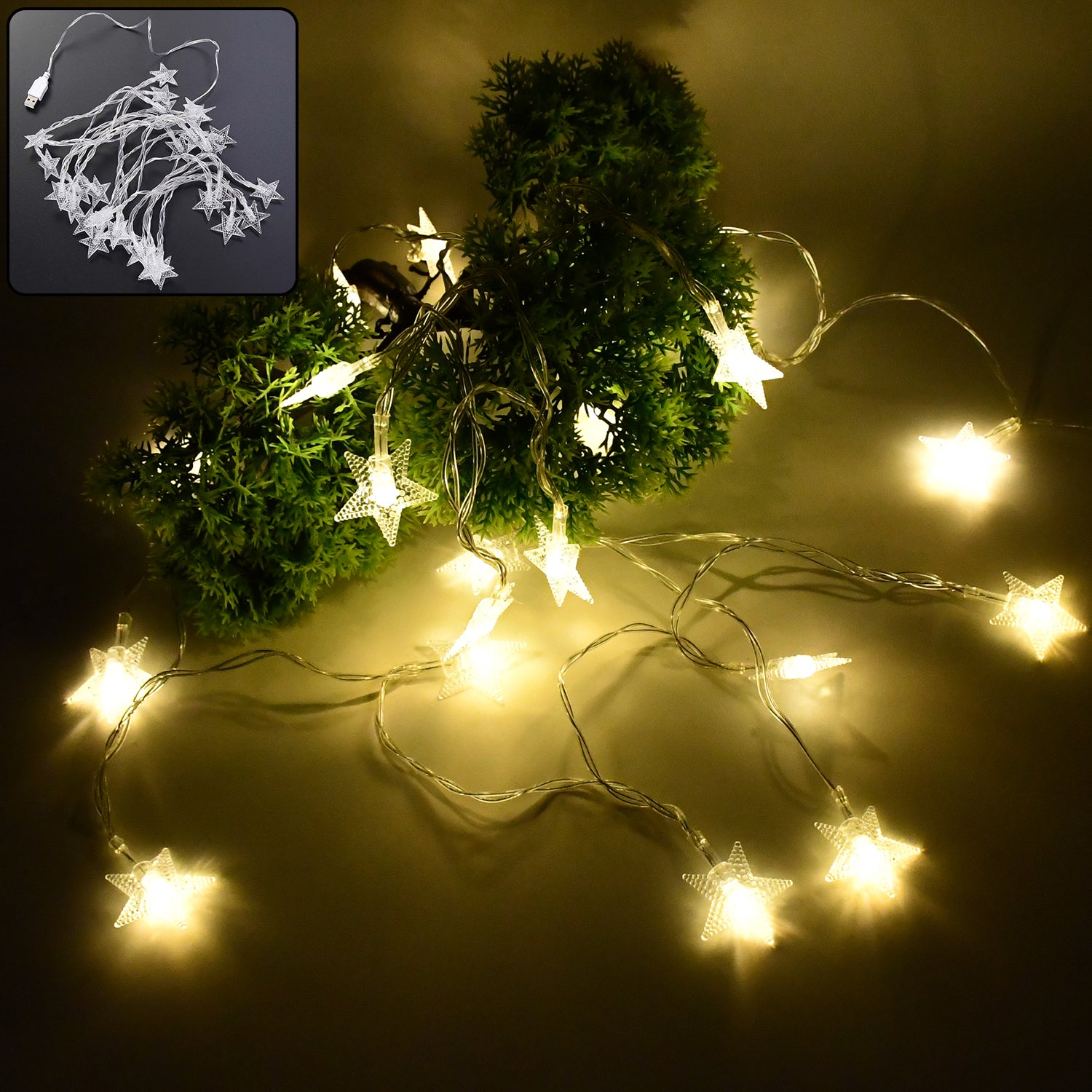 Wukusy USB-powered 20 LED decorative star string fairy lights for home decor, featuring bright star-shaped bulbs on a flexible wire.