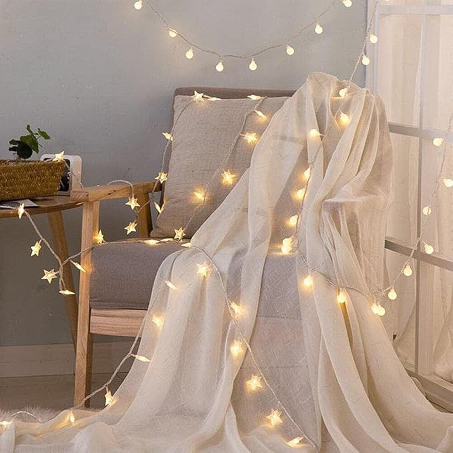 Wukusy USB-powered 20 LED decorative star string fairy lights for home decor, featuring bright star-shaped lights on a flexible string.