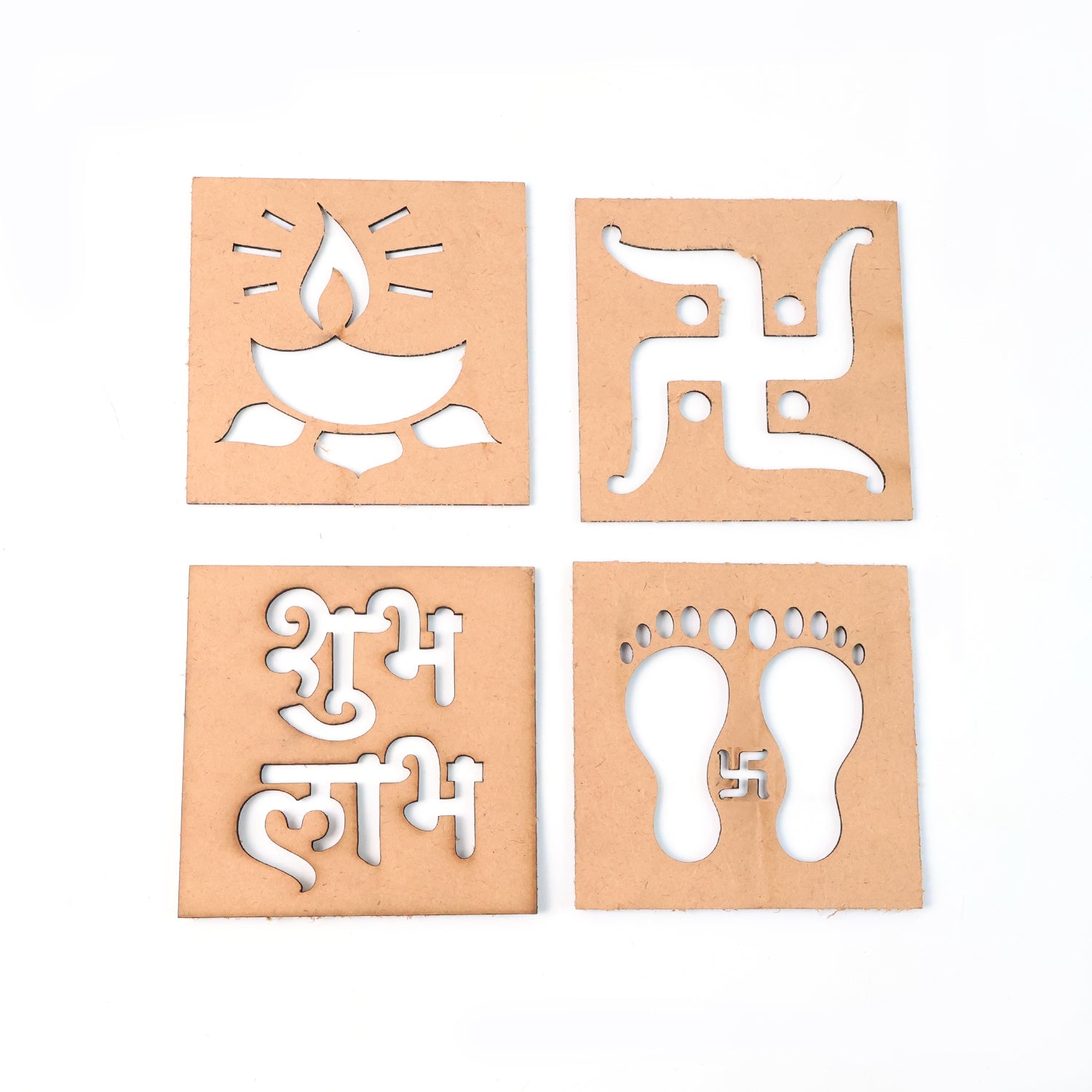 Set of four wooden decorative cutouts by Wukusy, featuring mixed designs for home decor accents.