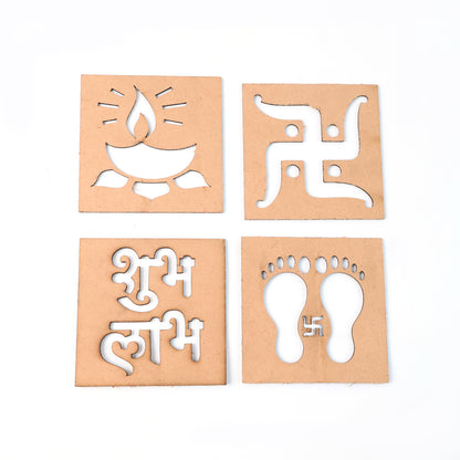 Set of four wooden decorative cutouts by Wukusy, featuring mixed designs for home decor accents.