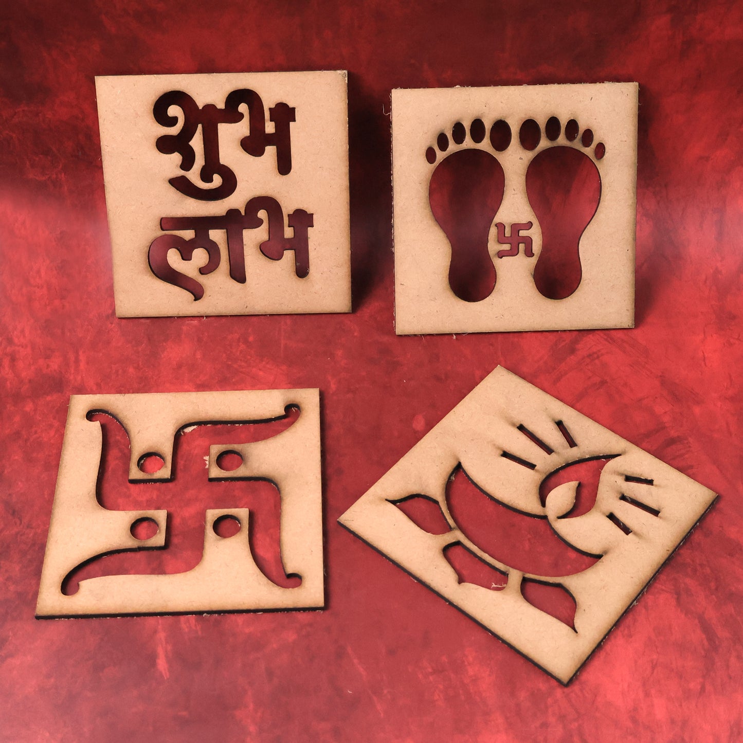 Four wooden decorative cutouts in various designs, part of Wukusy home decor collection, showcasing natural wood finish and craftsmanship.