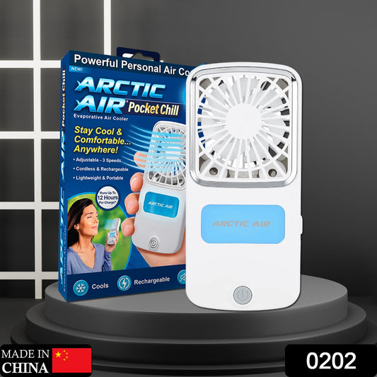 Wukusy Arctic Air Freedom portable personal air cooler on a home table, compact design for personal cooling.