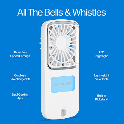 Wukusy Arctic Air Freedom portable personal air cooler on a home table, compact design for cooling small spaces.