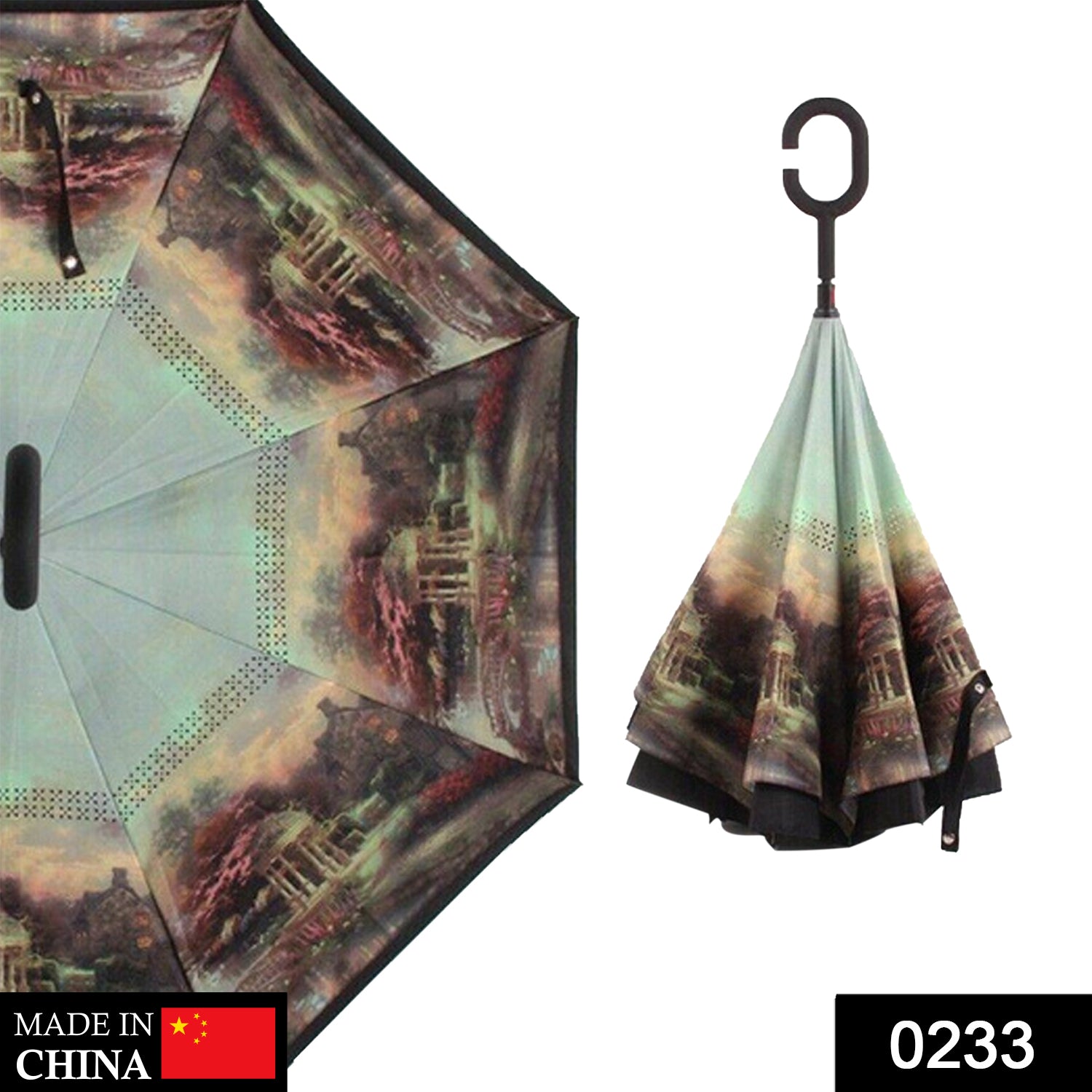 Wukusy printed travel windproof reverse umbrella open, showing colorful floral pattern with sturdy handle and compact design.