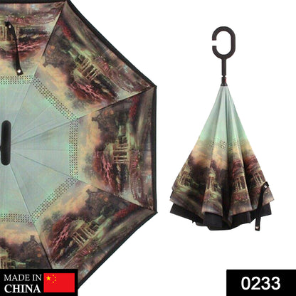 Wukusy printed travel windproof reverse umbrella open, showing colorful floral pattern with sturdy handle and compact design.
