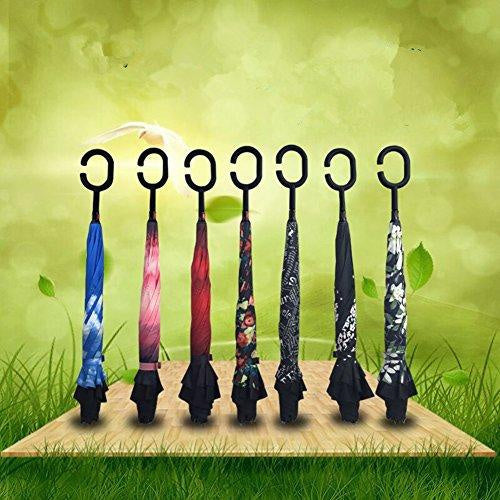 Wukusy printed travel windproof reverse umbrella open, showcasing its compact design and colorful pattern for home improvement.