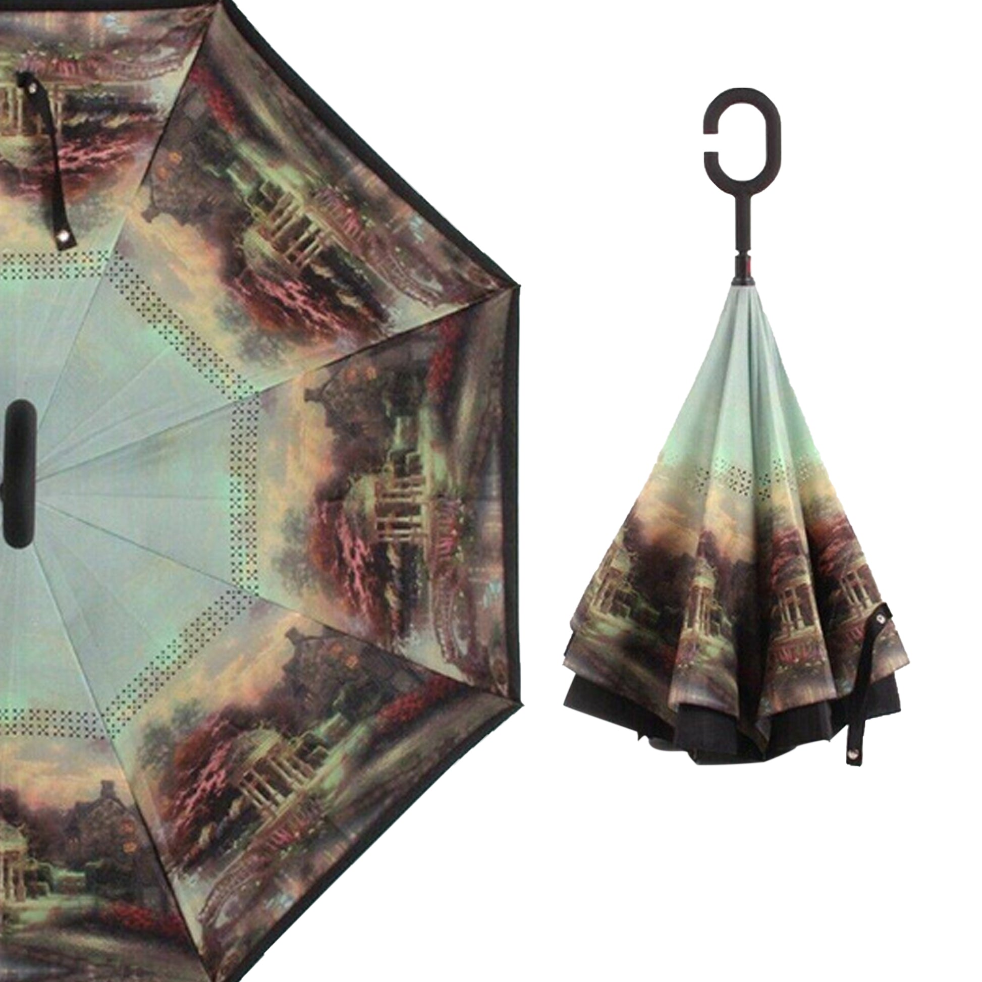 Wukusy printed travel windproof reverse umbrella opened, showing colorful floral pattern and sturdy handle, ideal for home and travel use.