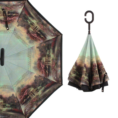 Wukusy printed travel windproof reverse umbrella opened, showing colorful floral pattern and sturdy handle, ideal for home and travel use.