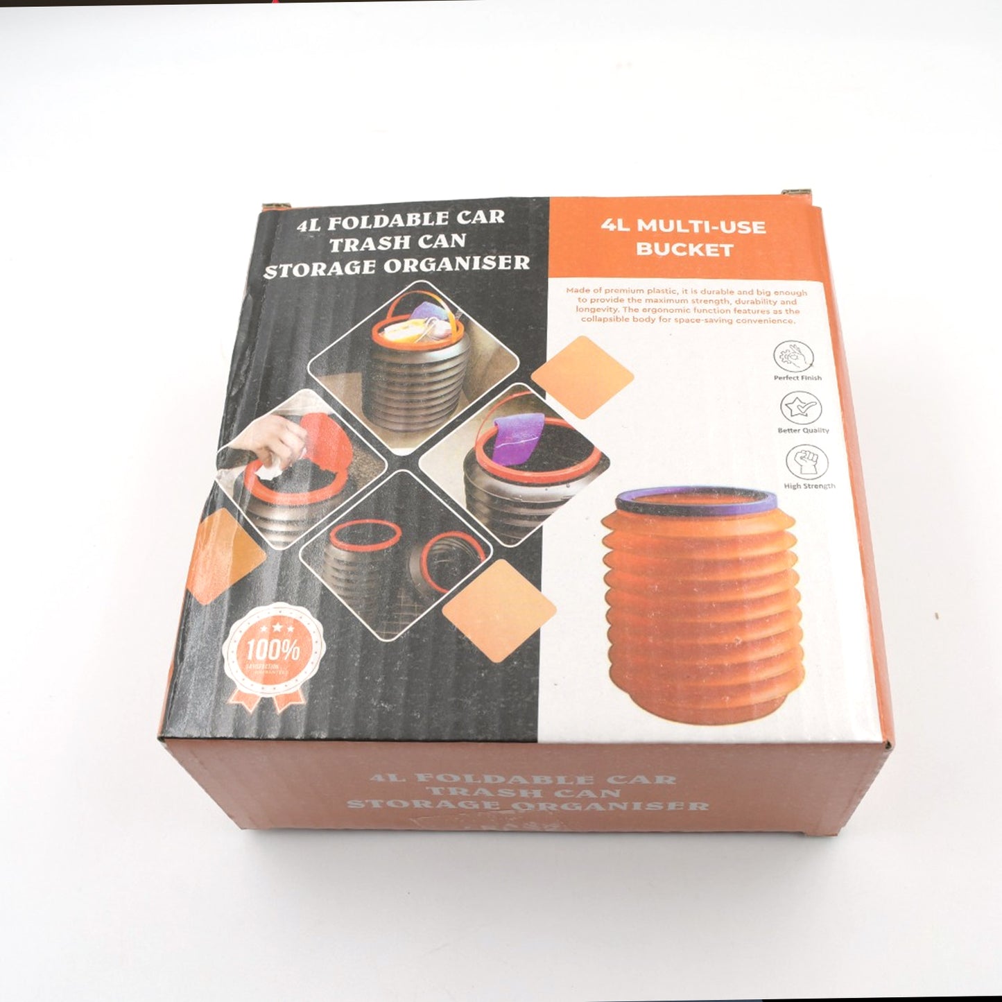 Foldable Wukusy storage bucket with water container and dustbin design, suitable for home, car, and kitchen use.