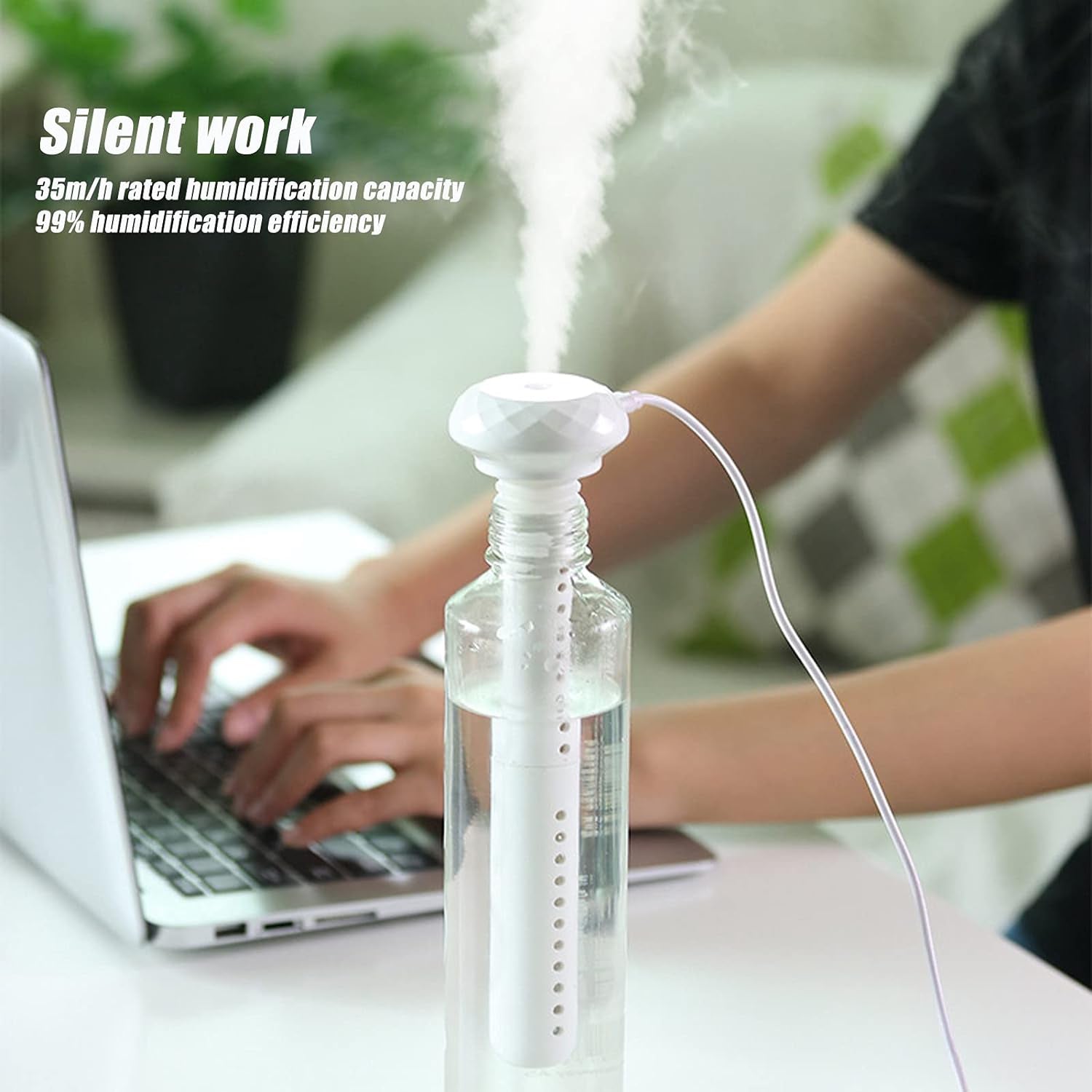 Wukusy mini portable ultrasonic USB humidifier for car, bedroom, or office, emitting cool mist to improve air quality and comfort.