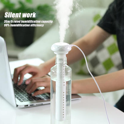 Wukusy mini portable ultrasonic USB humidifier for car, bedroom, or office, emitting cool mist to improve air quality and comfort.