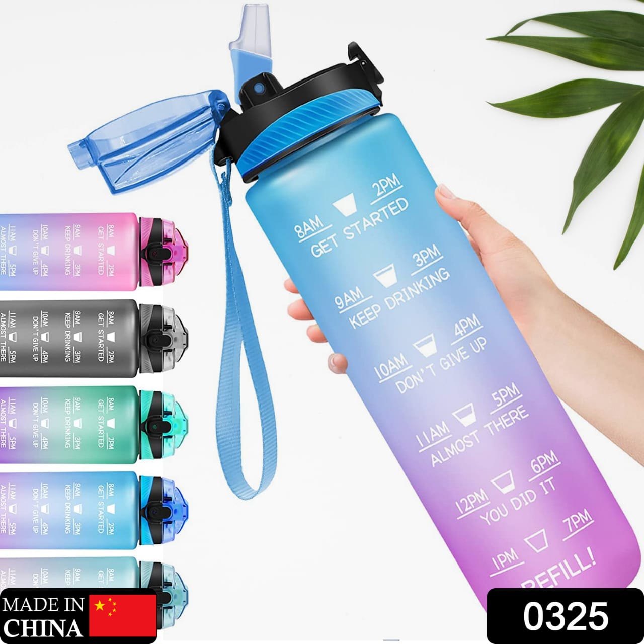 Wukusy motivational water bottle with straw, BPA-free Tritan, leakproof, portable design for gym, hiking, and camping activities.