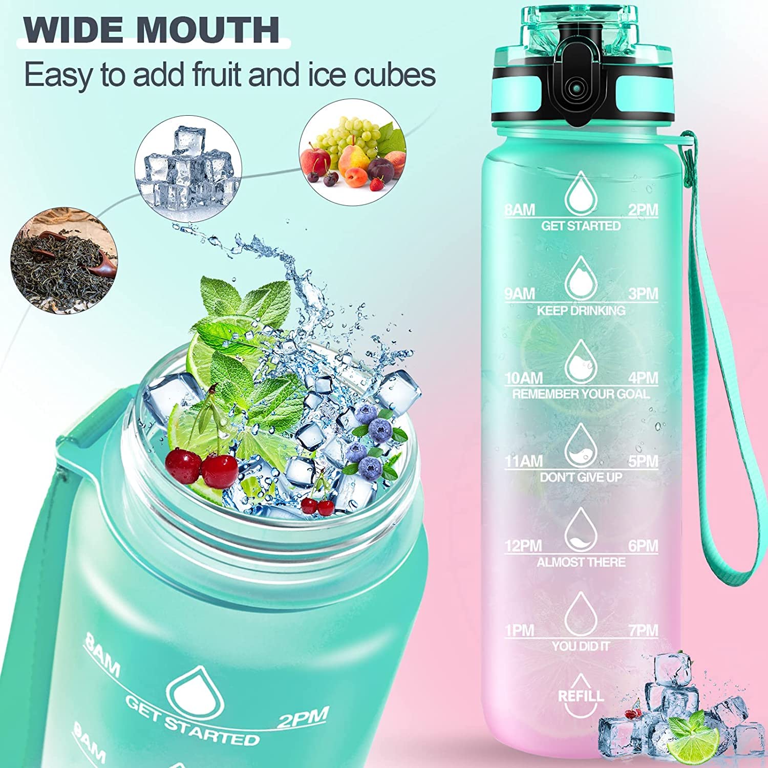 Wukusy motivational water bottle with straw, BPA-free Tritan, leakproof, portable design for sports, hiking, and camping activities.