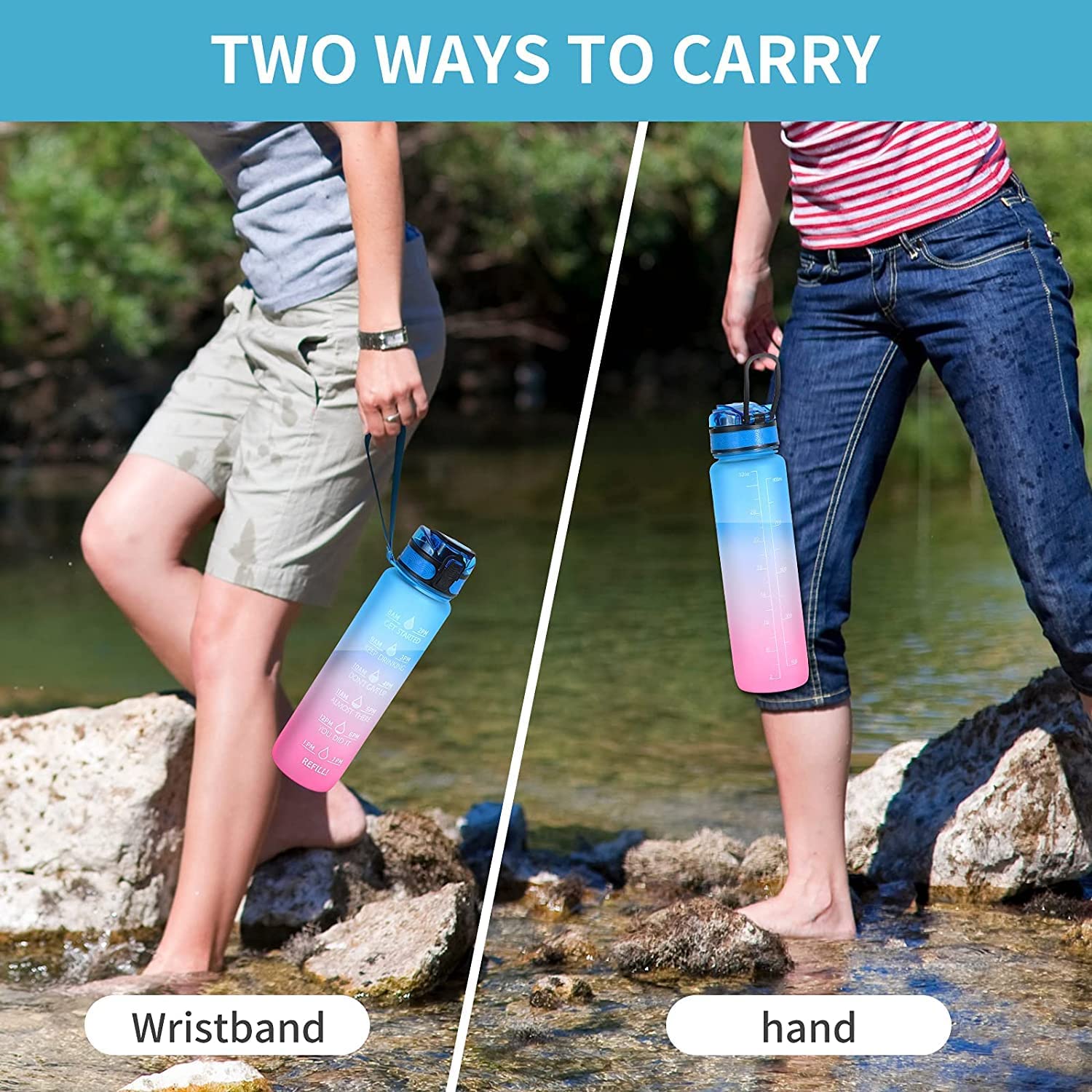 Wukusy motivational water bottle with straw, BPA-free Tritan, leakproof, portable design for sports, hiking, and camping activities.