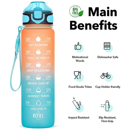 Wukusy motivational water bottle with straw, BPA-free Tritan, leakproof, portable design for sports, hiking, and camping activities.