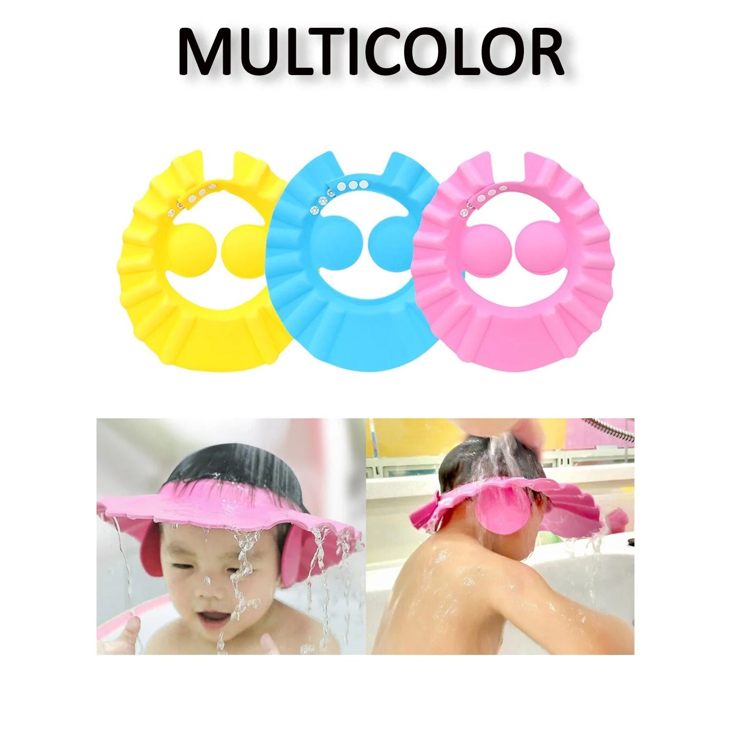 Wukusy adjustable soft baby shower hair wash cap for children, provides eye and ear protection during bath time.