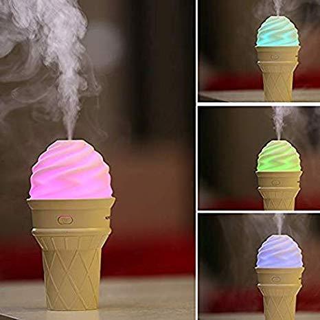 Wukusy ice cream design LED humidifier for home, with multicoloured lights and fragrance diffuser, freshens indoor air.
