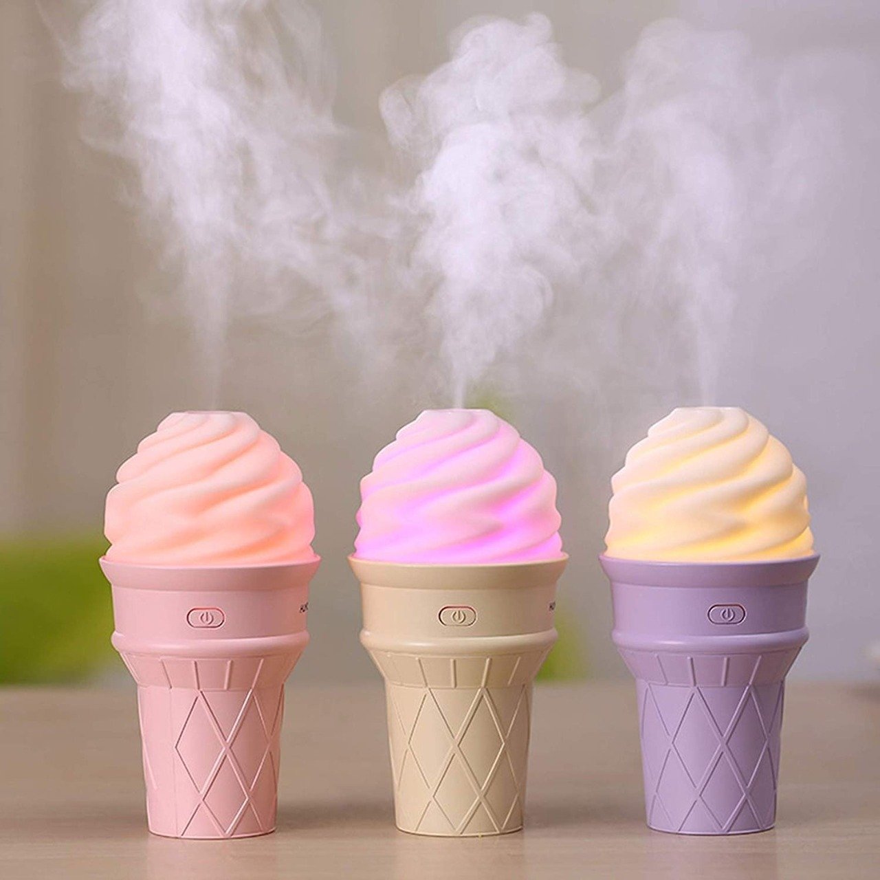Multicolored ice cream design LED humidifier by Wukusy for home air freshening and fragrance diffusion.