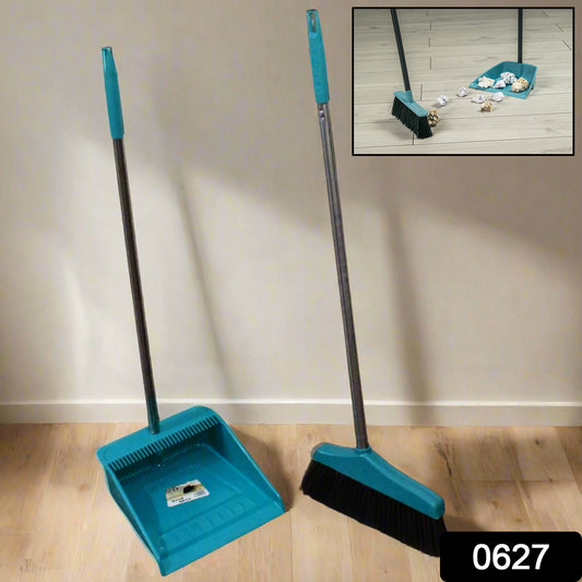 Wukusy long handle dustpan and brush 2-piece set for sweeping and cleaning in home or office environments.