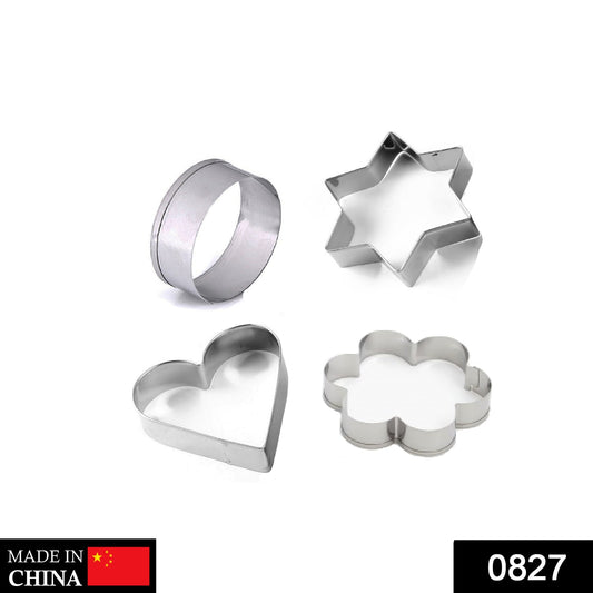 Set of four stainless steel Wukusy cookie cutters in heart, round, star, and flower shapes for baking and home improvement.
