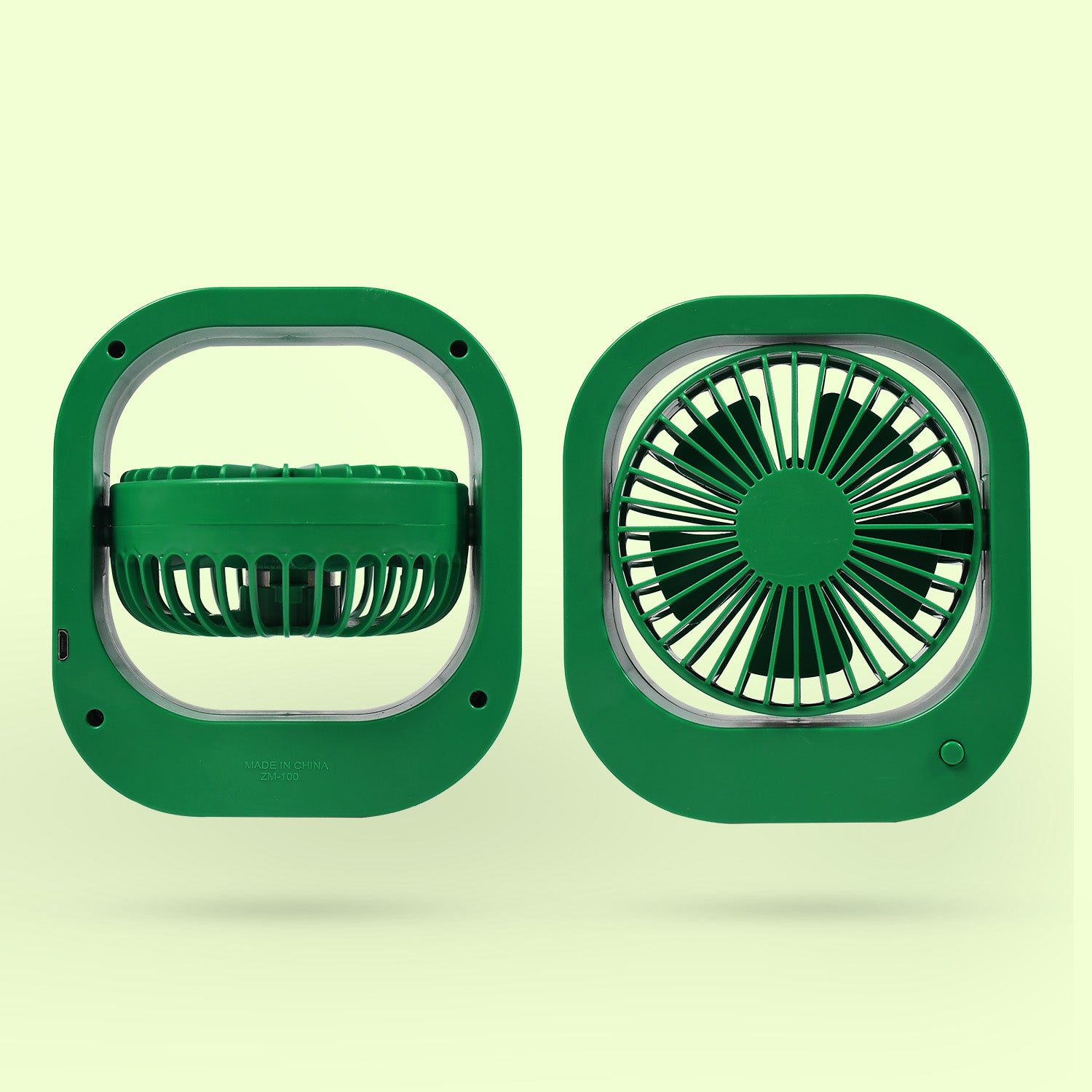 Wukusy portable USB rechargeable fan with 2 speeds and 180° rotation, ideal for travel, outdoor use, and personal cooling.