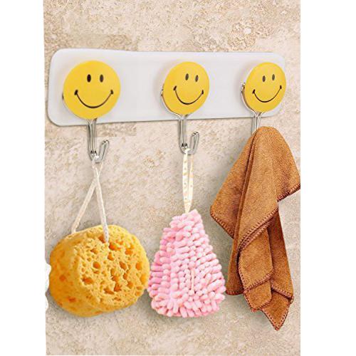 Set of 3 Wukusy self-adhesive smiley face wall hooks for home improvement, featuring bright yellow smiley designs on a white background.