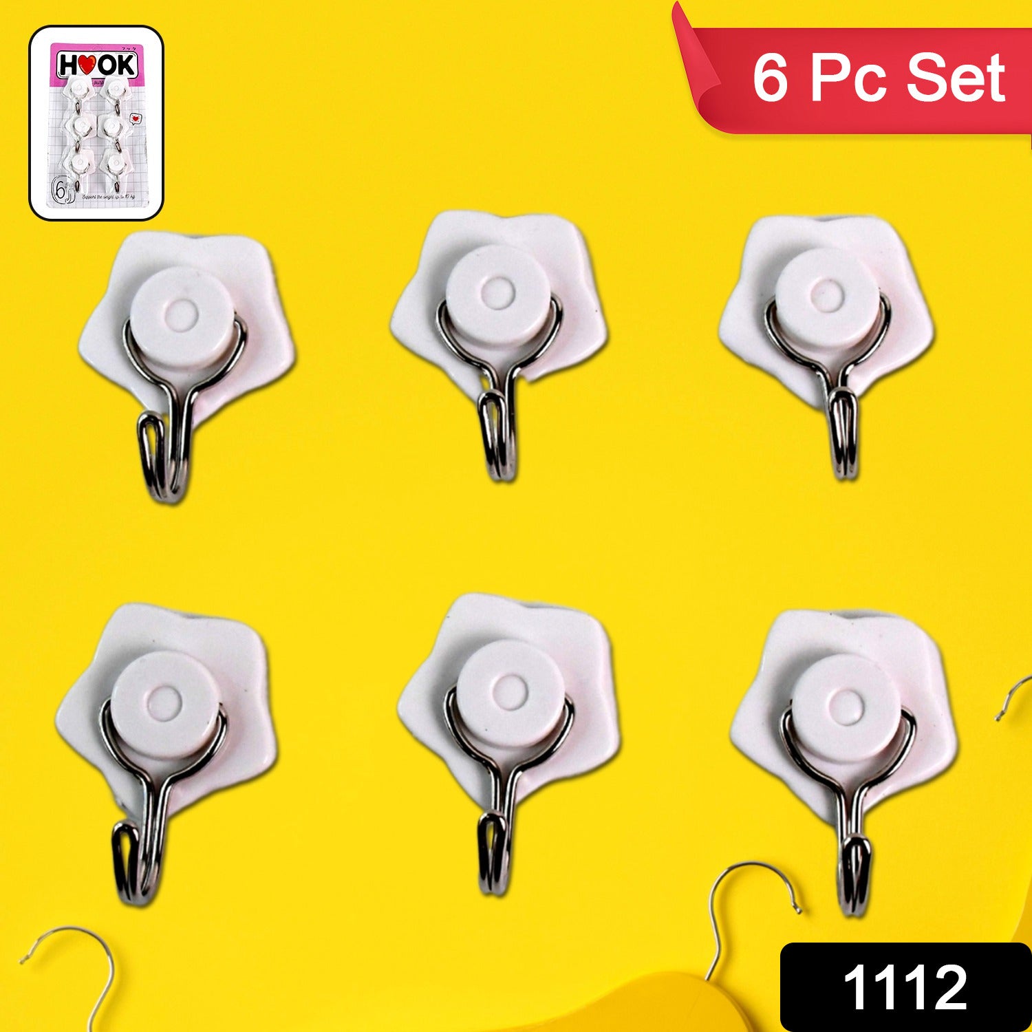 Six Wukusy multipurpose self-adhesive plastic wall hooks mounted on a wall for home organization and hanging items.