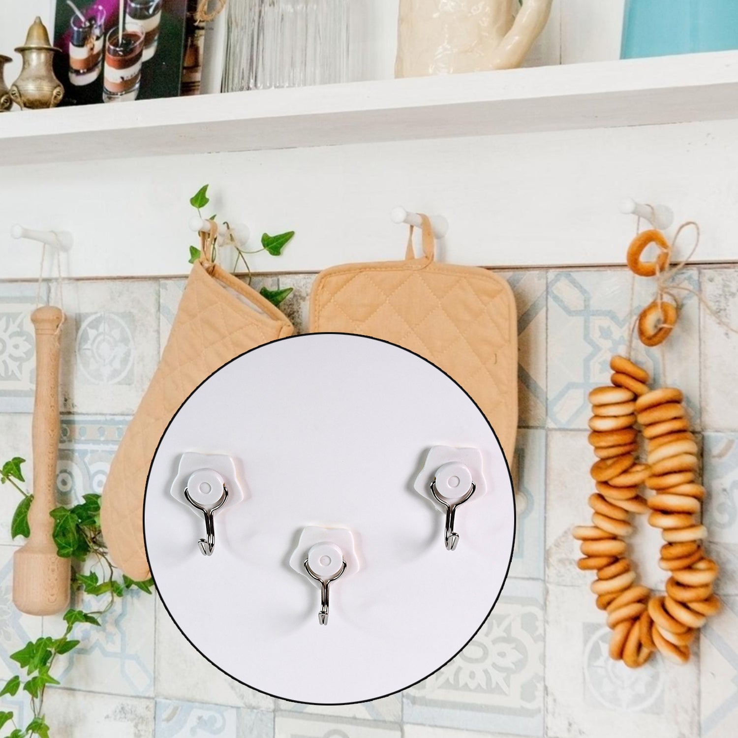 Set of six Wukusy multipurpose self-adhesive plastic wall hooks for home improvement, mounted on a wall for versatile hanging.
