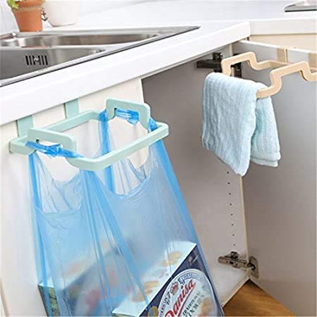 Wukusy plastic garbage bag rack holder for home improvement, mounted on wall, designed to organize and hold trash bags.