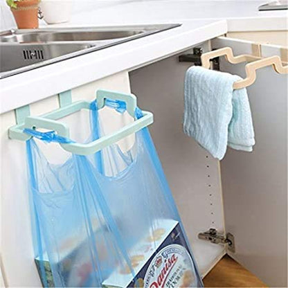 Wukusy plastic garbage bag rack holder for home improvement, mounted on wall, designed to organize and hold trash bags.