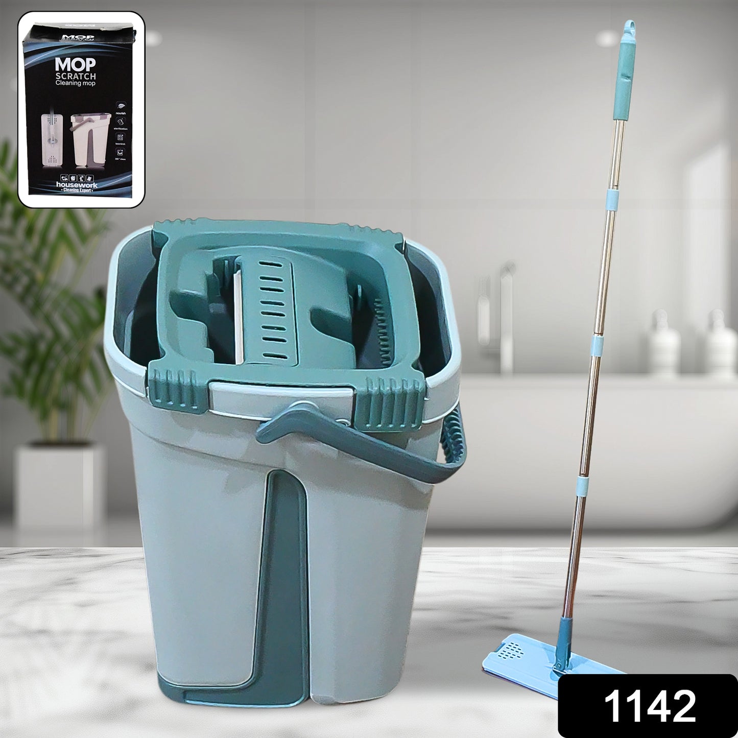 Wukusy 1142 scratch cleaning mop with 2-in-1 self-clean, wash, dry, hands-free flat mop for home improvement cleaning tasks.