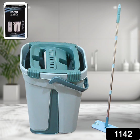 Wukusy 1142 scratch cleaning mop with 2-in-1 self-clean, wash, dry, hands-free flat mop for home improvement cleaning tasks.