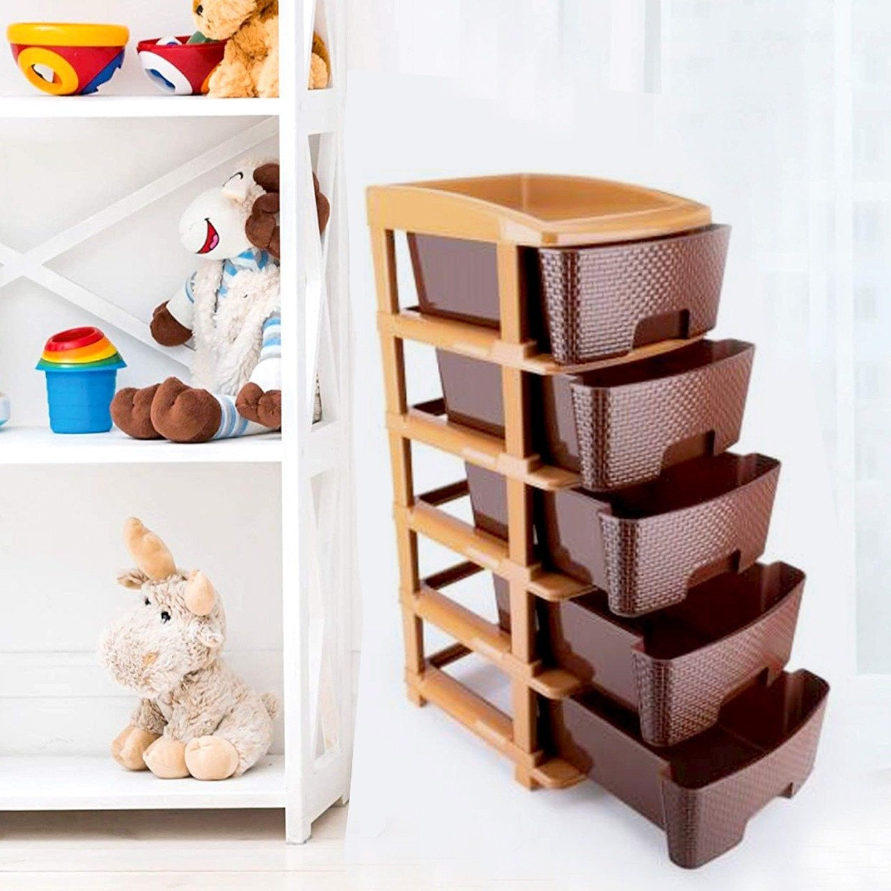 Brown Wukusy 1151 5-tier plastic modular drawer system for versatile home organization and storage solutions.