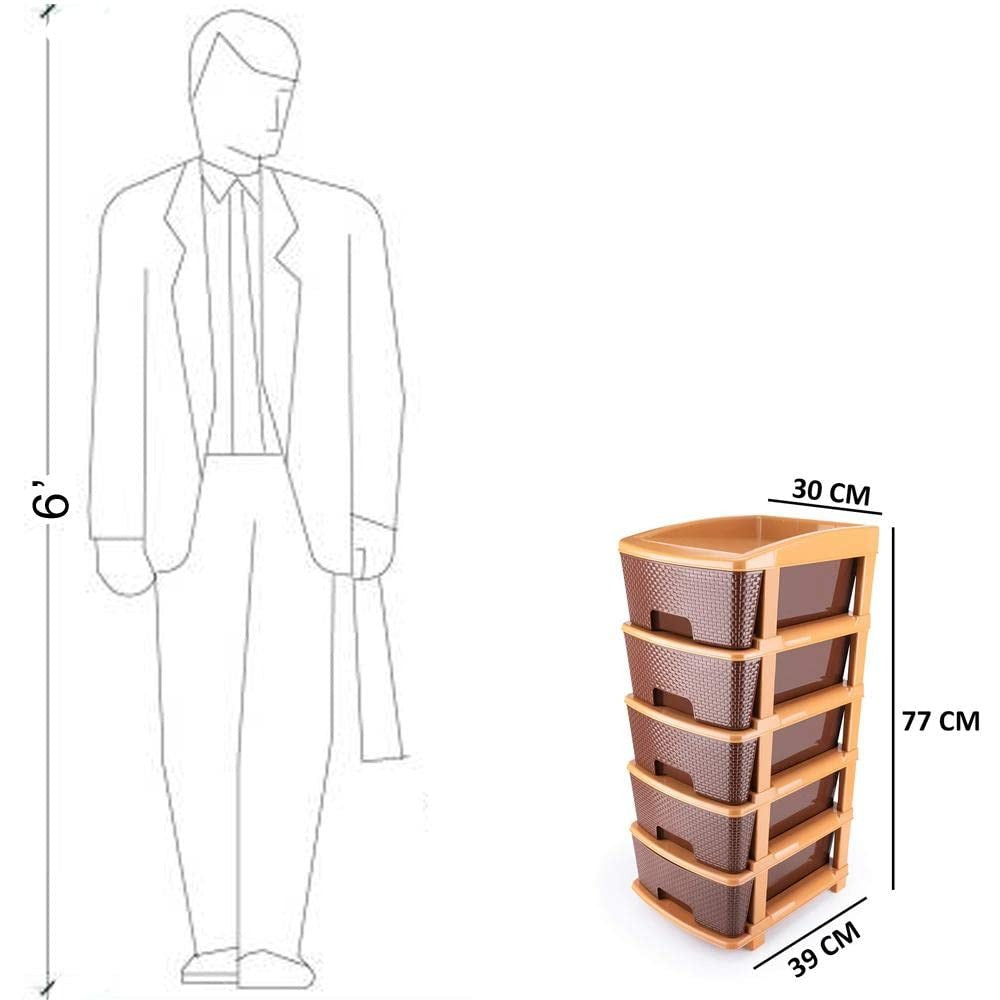 Brown Wukusy 1151 5-tier plastic modular drawer system for home improvement, with multiple storage compartments and sturdy design.
