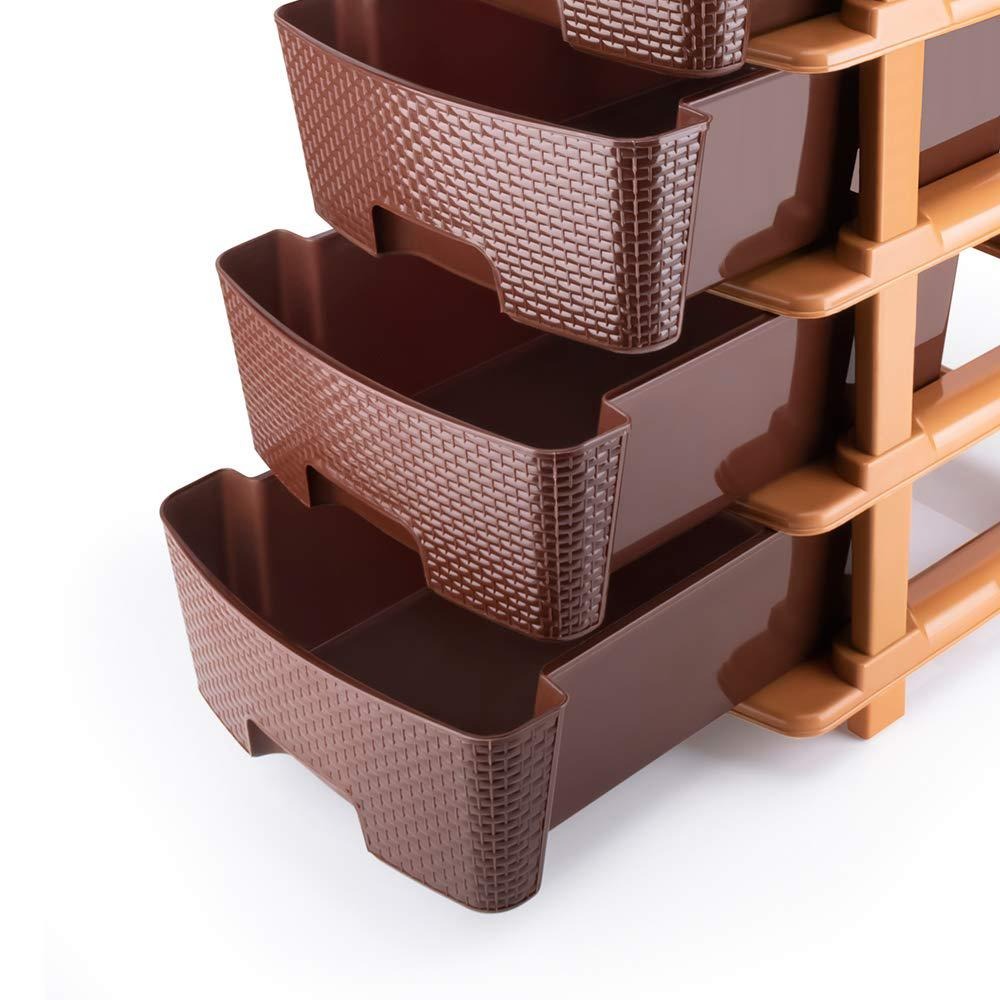 Brown Wukusy 5-tier plastic modular drawer system for home organization and storage, featuring multiple compartments and a sturdy design.