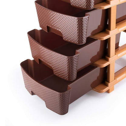 Brown Wukusy 5-tier plastic modular drawer system for home organization and storage, featuring multiple compartments and a sturdy design.