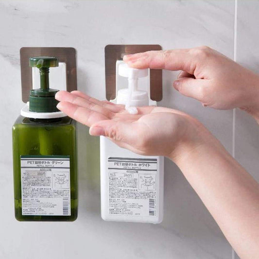 Wukusy wall-mounted self-adhesive hooks holding shampoo bottles and body wash on bathroom wall, multi-color, strong adhesive design