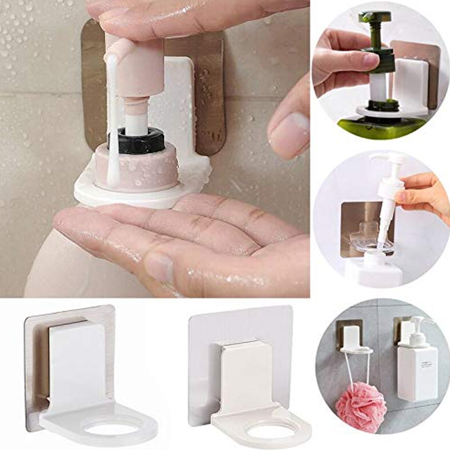 Wukusy wall-mounted self-sticky hook for body wash and shampoo bottles, multi-color, strong adhesive, wall storage and power socket holder.