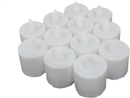 Wukusy 12-pack white LED tealight candles for home decor, perfect for parties, weddings, and birthday celebrations.