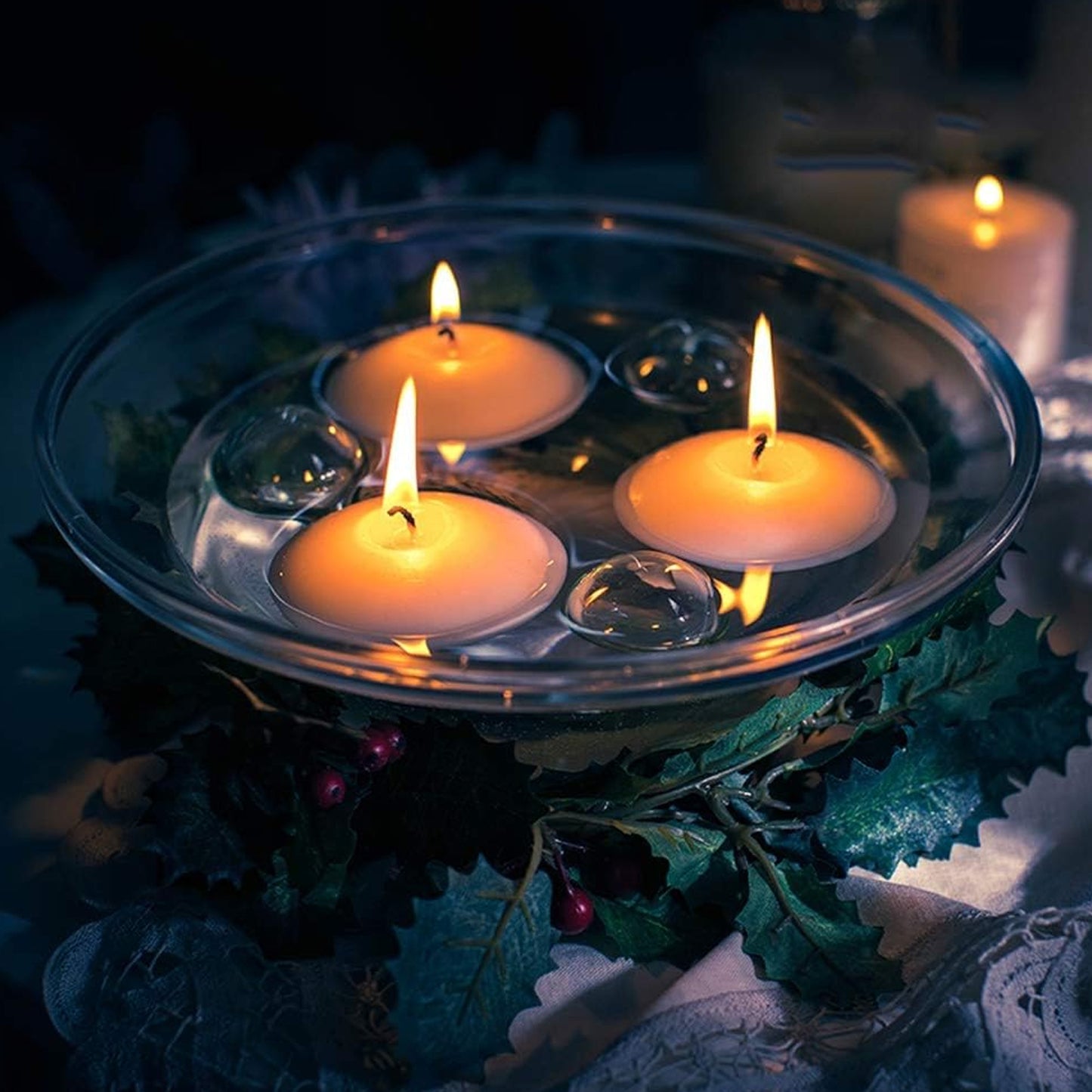 Wukusy floating candle light candle holder set creating romantic atmosphere, water container design for coffee table decor, includes candles