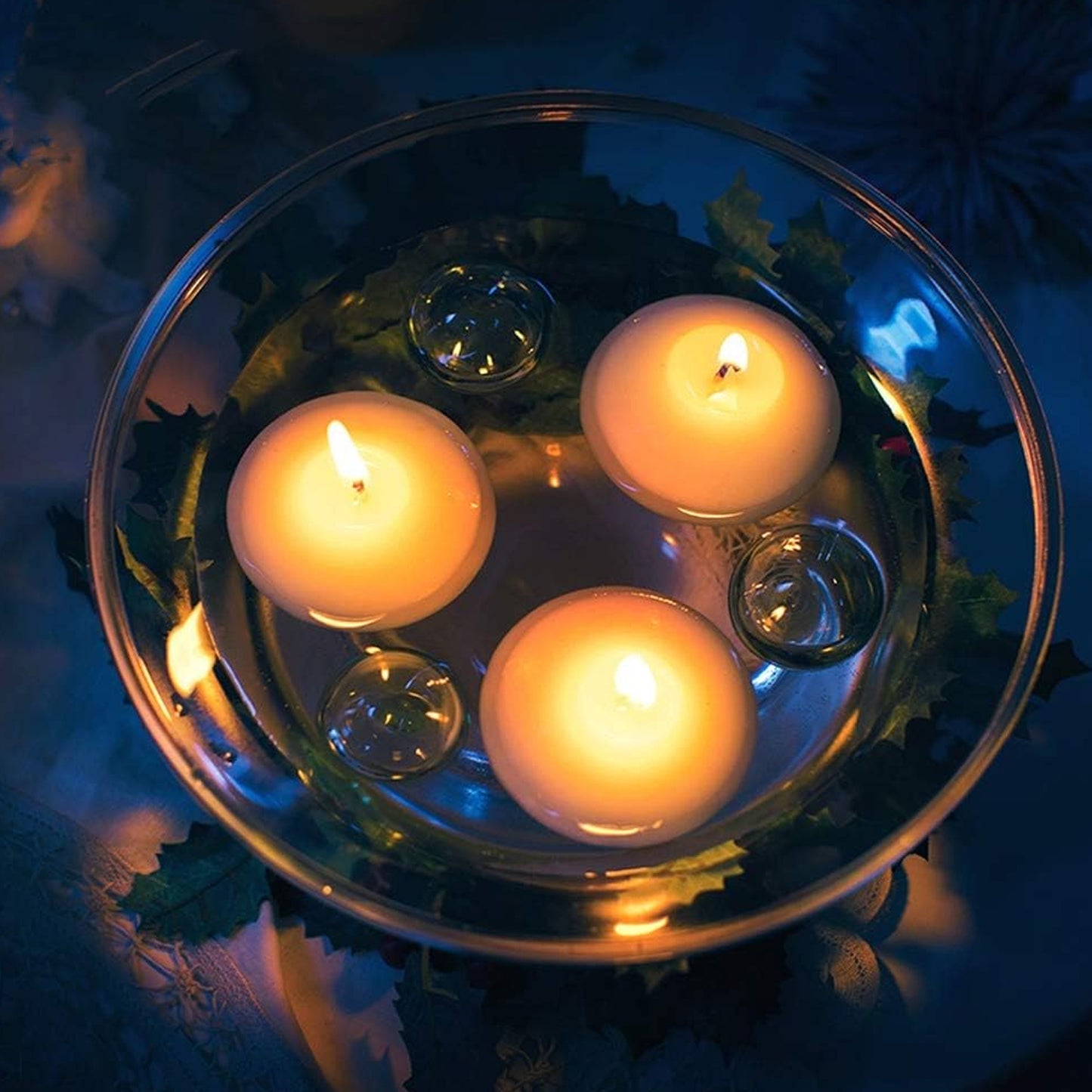 Wukusy floating candle light holder set with candles, creating romantic water-filled coffee table decor for home improvement.