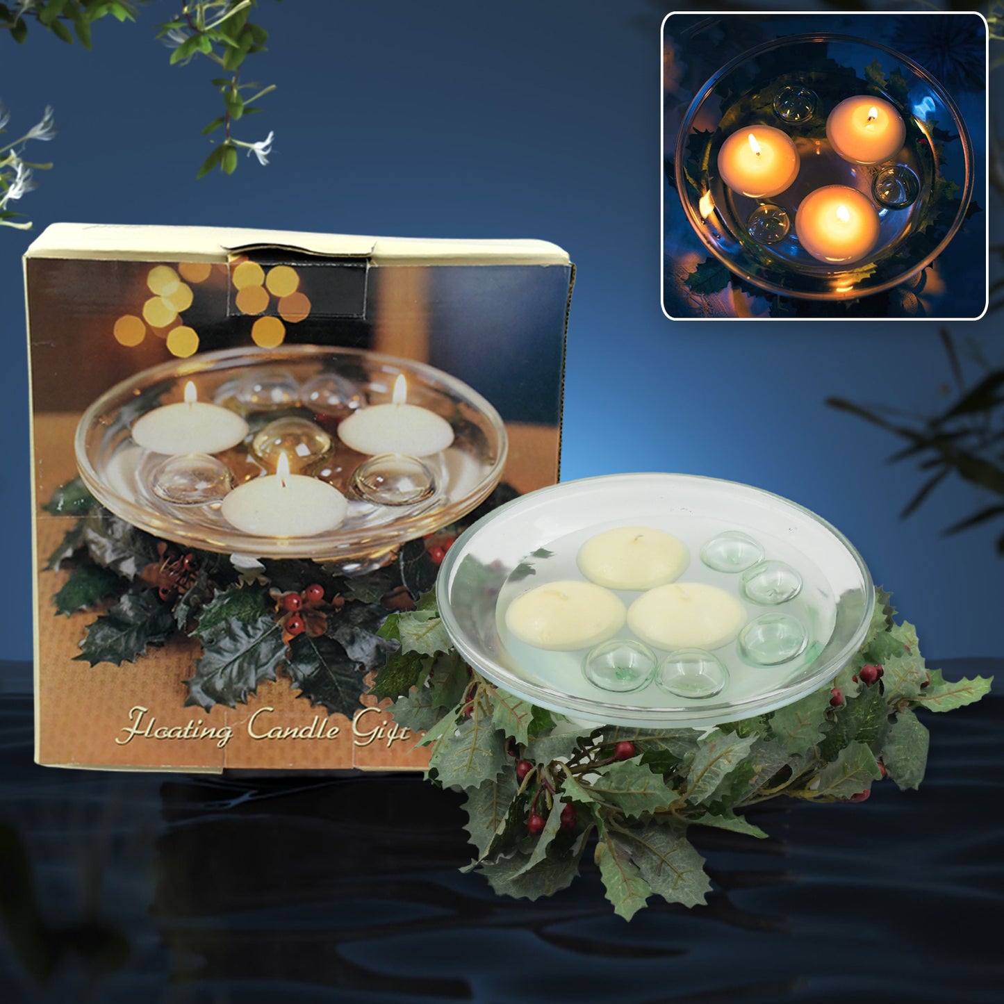 Wukusy floating candle light holder set with water container, ideal for romantic coffee table décor and home improvement ambiance.