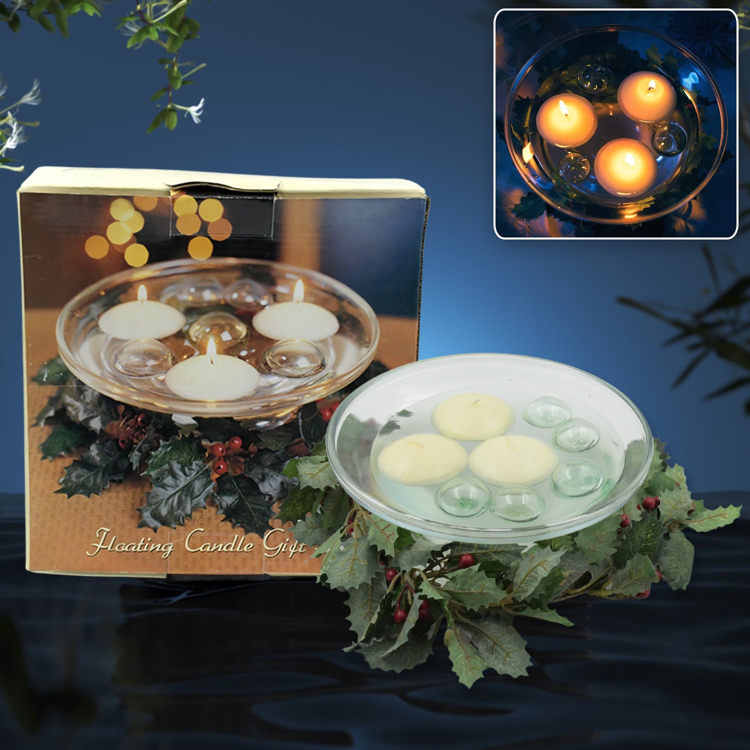 Wukusy floating candle light holder set with water container, ideal for romantic coffee table décor and home improvement ambiance.