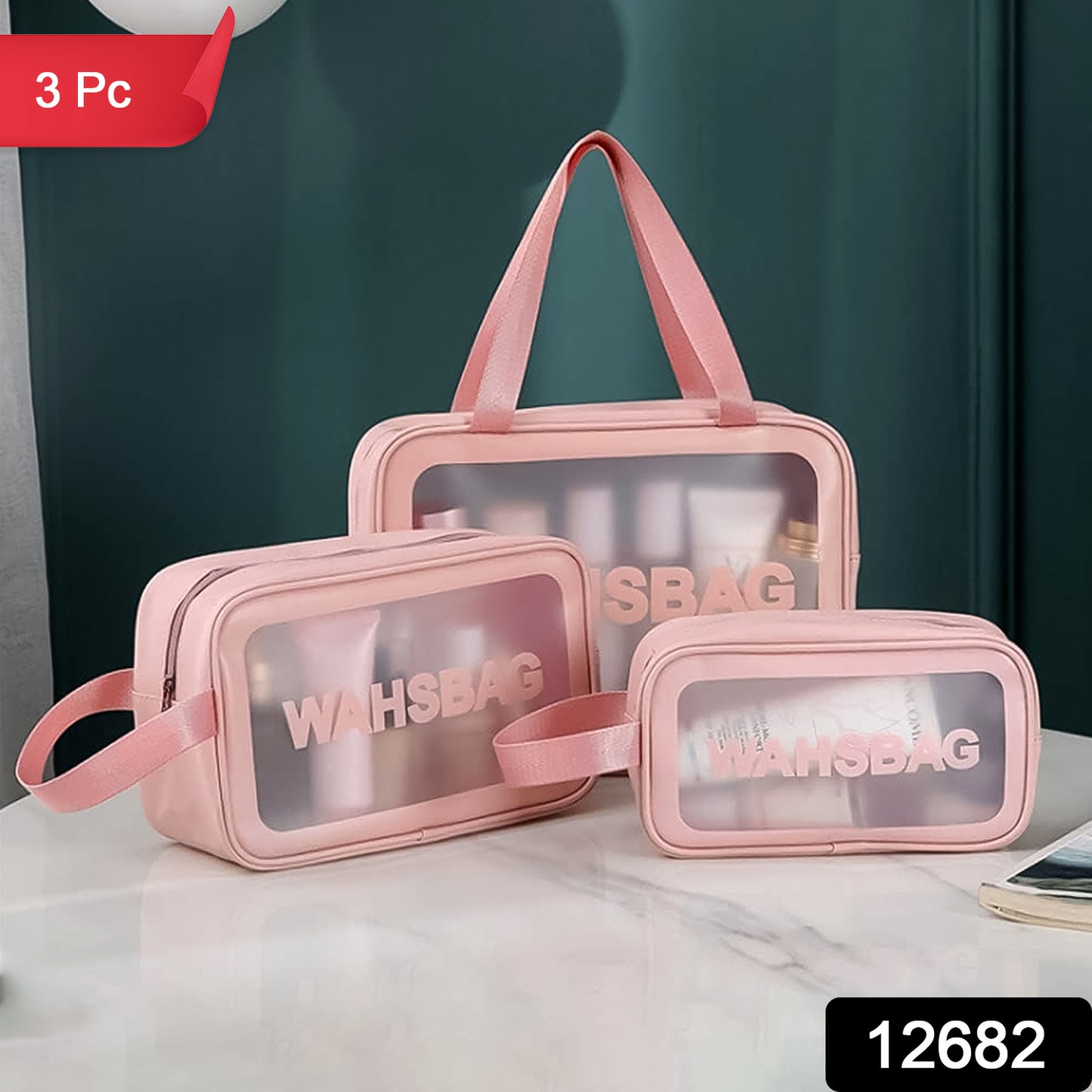 Set of three Wukusy cosmetic pouches and makeup bags in small, medium, and large sizes for travel and home storage.