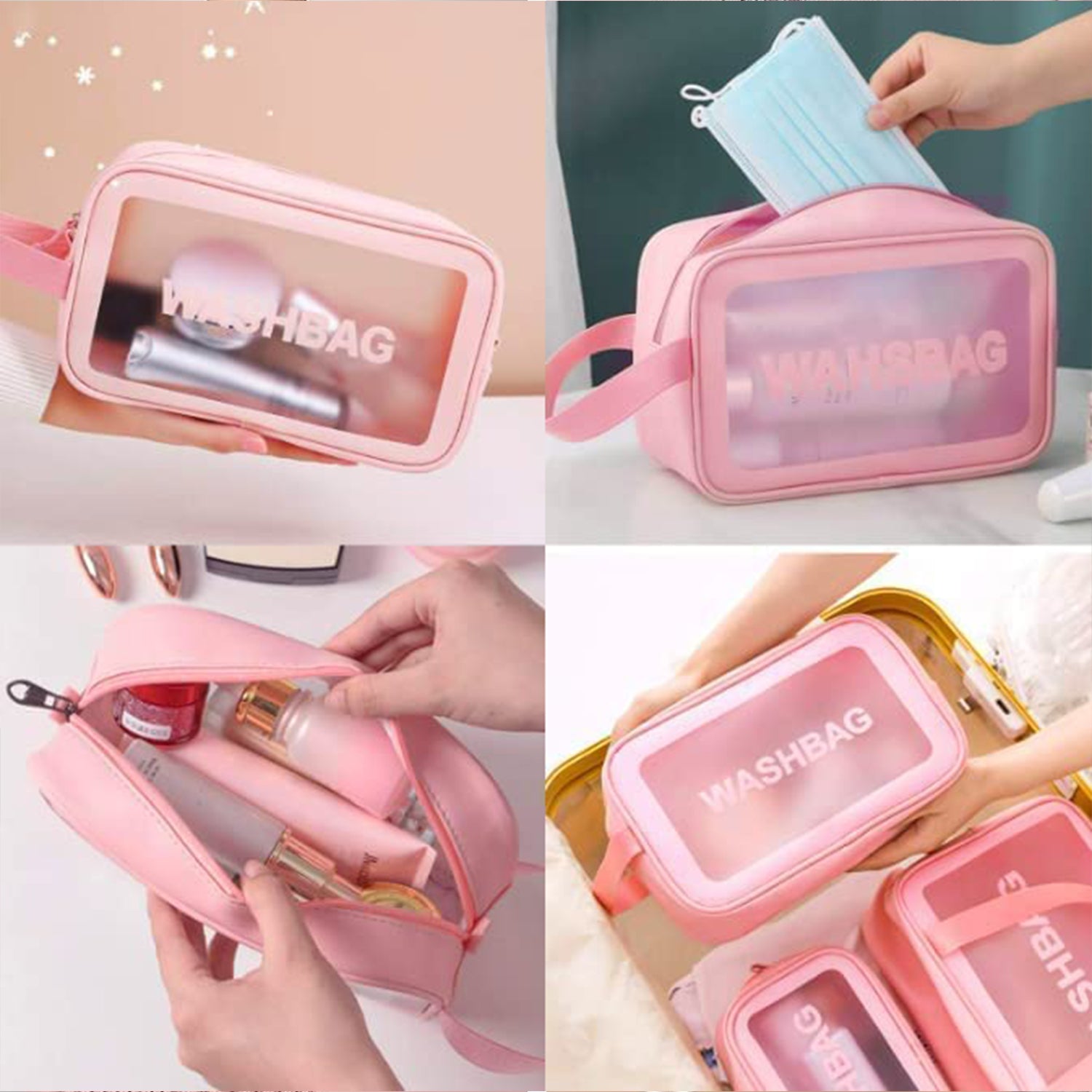 Set of three Wukusy cosmetic pouches for makeup, travel toiletries, and accessories in small, medium, and large sizes.