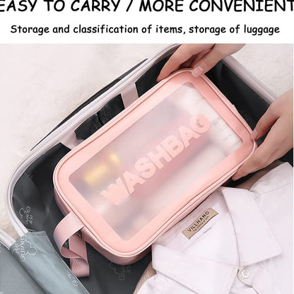 Set of three Wukusy cosmetic pouches for makeup, toiletries, and accessories in small, medium, and large sizes, ideal for travel or home use.
