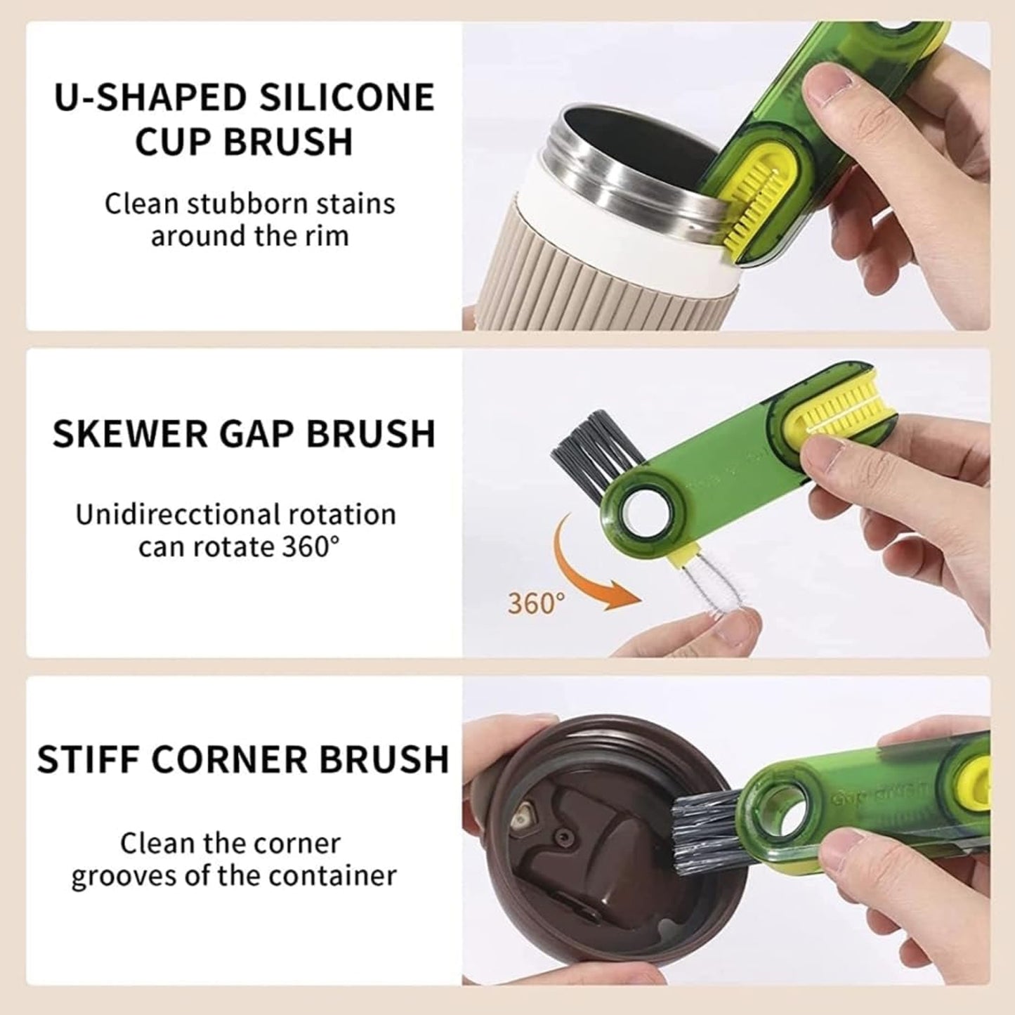 Wukusy 3-in-1 multifunctional cleaning brush for bottles, cups, and lids, ideal for home kitchen cleaning tasks.