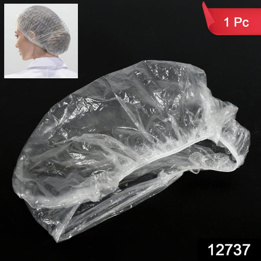 Clear disposable plastic shower cap with elastic band, thick and suitable for women, spa, hotel, or hair salon use by Wukusy.